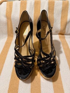 Yves Saint Laurent Black Patent Strappy Platform Heels with Ankle Strap 40 9.5
